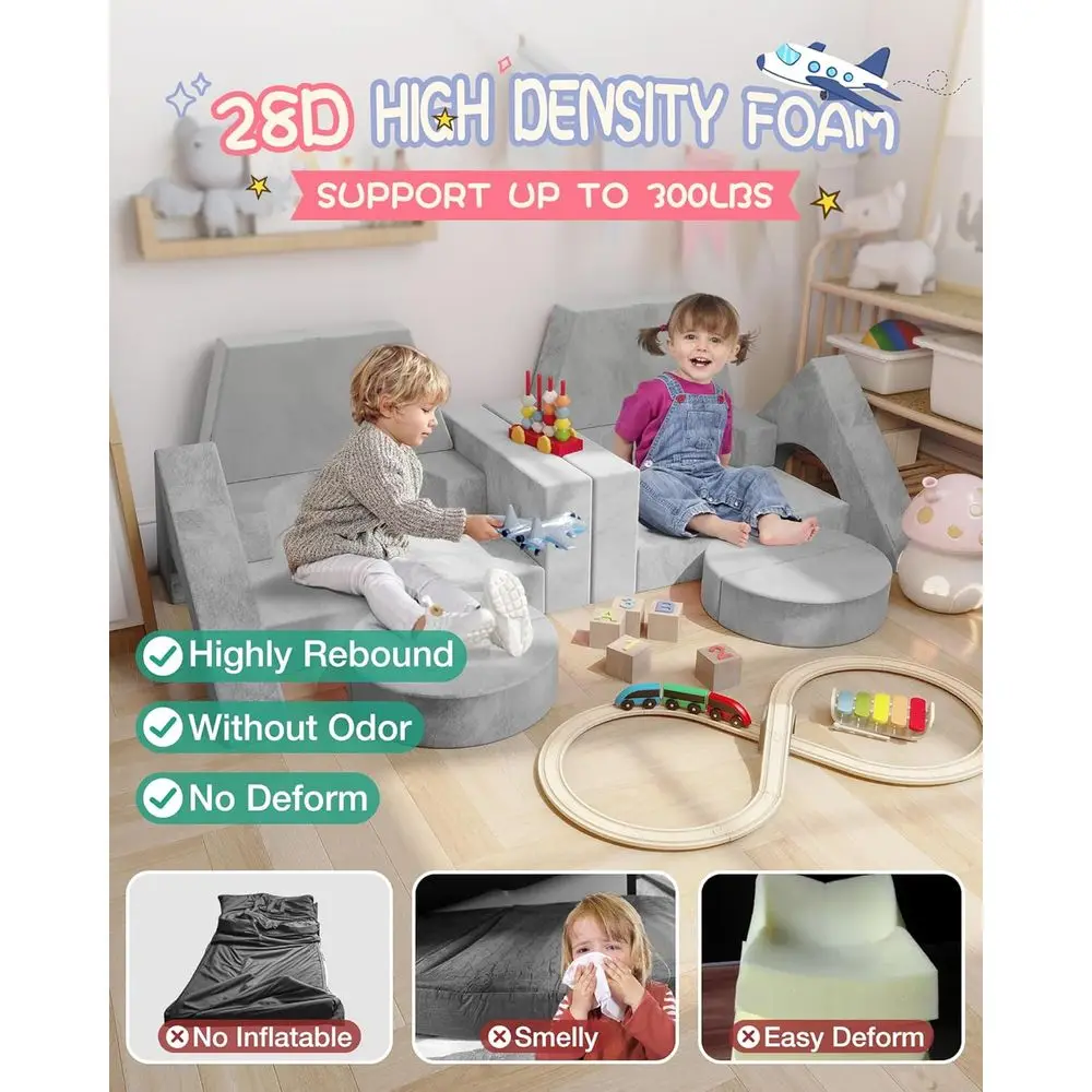 Conjunto de sofá infantil modular de 15 peças, sofá infantil para sala de jogos, sofá conversível para crianças, cinza