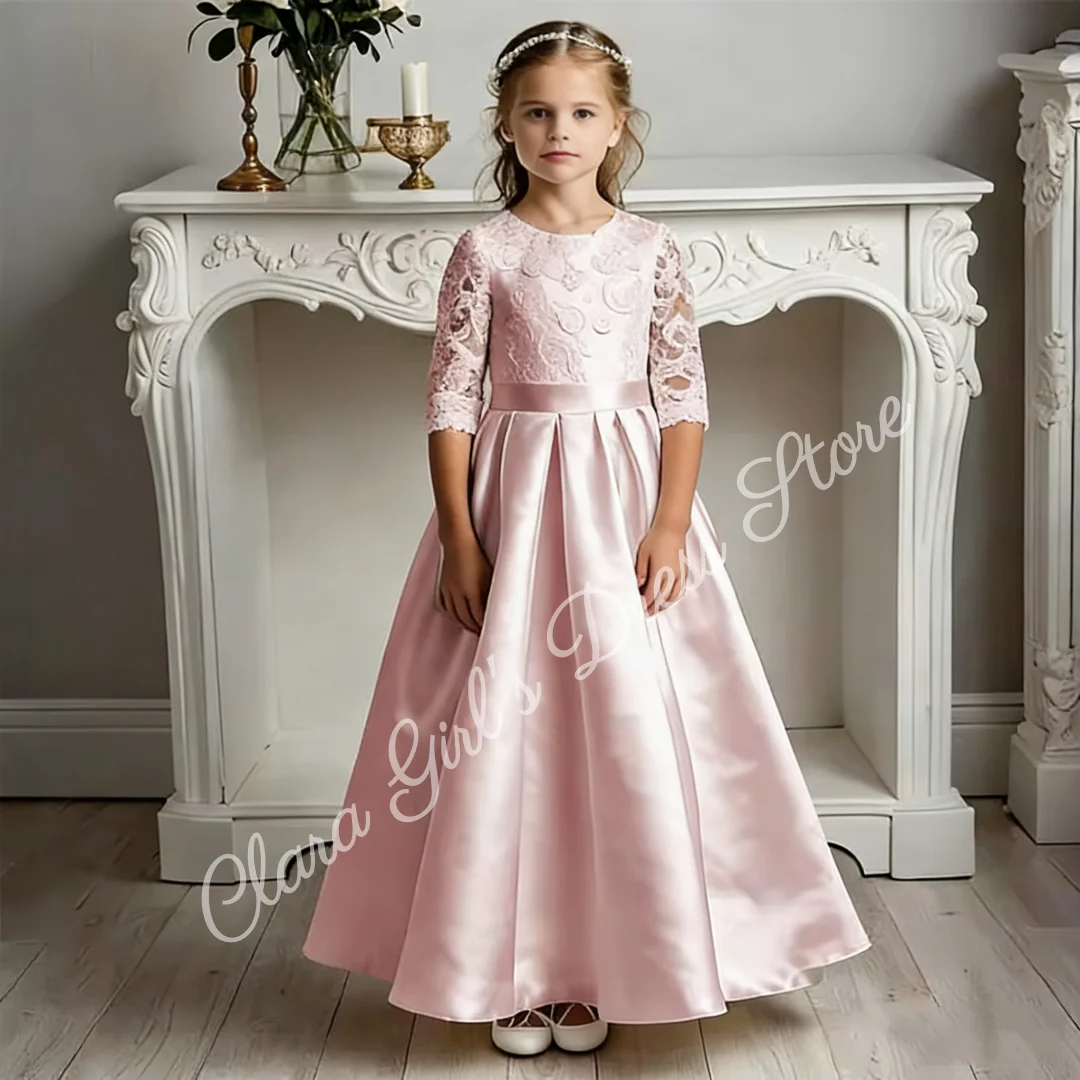 First Communion Dress Cute Little Flower Girl Dress Custom Satin with Lace Prints and Bows Children's Birthday Party Dress
