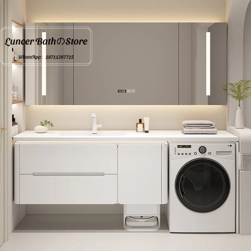 All-in-one washing machine cabinet combo with rock slab seamless ceramic basin bathroom vanity
