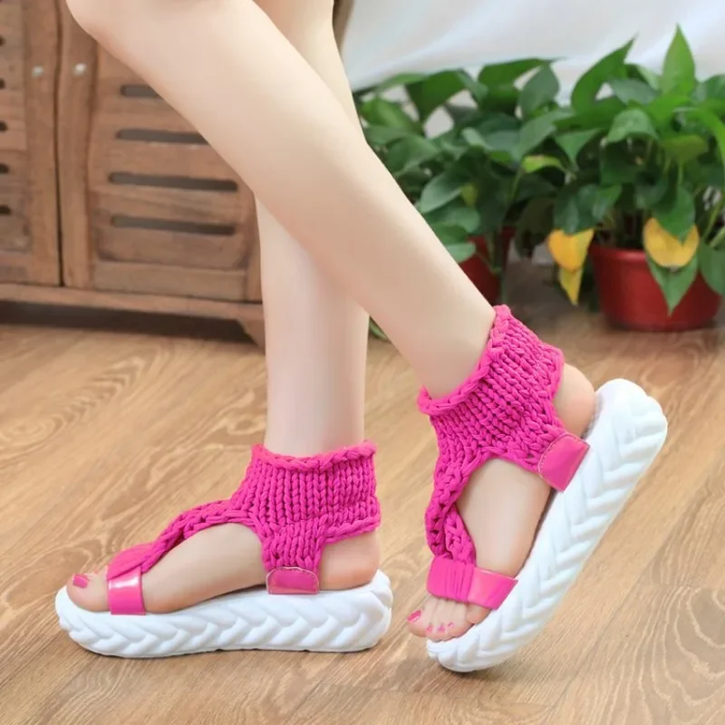 Sandals Women Summer 2024 Women Fashion Sexy Beach Wear Flat Shoes Solid Color Braided Knit  Cutout Platform Sandals