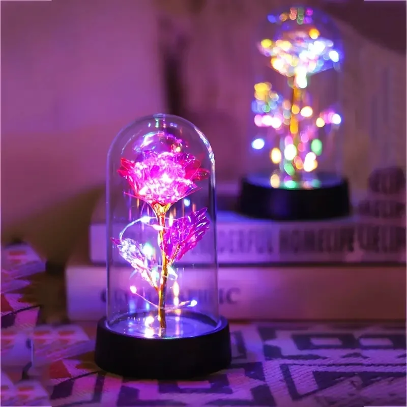 Artificial Rose Flower LED Lights Rose in Glass Dome on Wood Base For Wedding Party Mother's Day Valentine'S Day Christmas