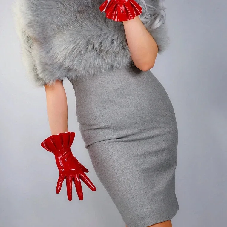 Shine Red RUFFLE GLOVES Faux Leather Pleated Trim Latex Wet Look Fashion Show Evening Party Cosplay Costume Halloween Motorcycle