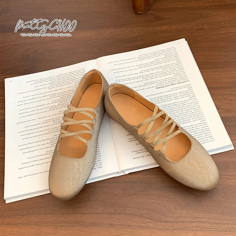 Champagne Gold Cross-Tied Elastic Band Ballerina Shoe Woman Round Toe Lace Up Leather Ballet Flat Ladies Elegant Shallow Loafers