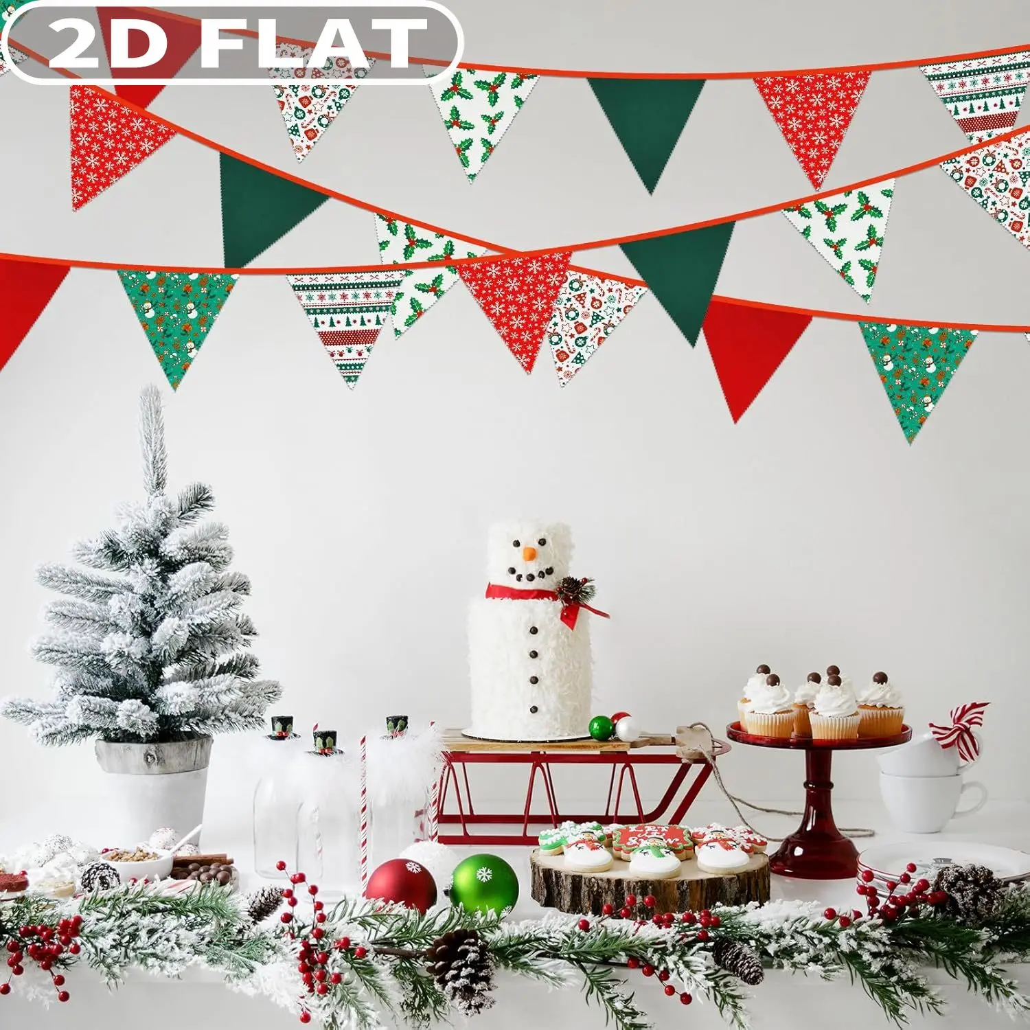 

18pcs 17x21cm Red & Green Banner Garland Pennant Flags, Vintage Fabric Holly Banner for Xmas, Durable Polyester No Electricity