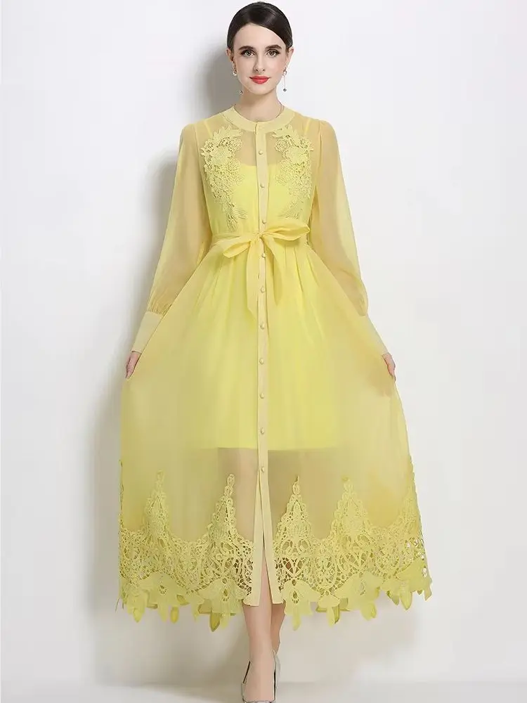 

Elegant Summer Office Dress 2026 Women Long Sleeve Embroidery Shirt Casual Loose Single Breasted Lace up Chiffon