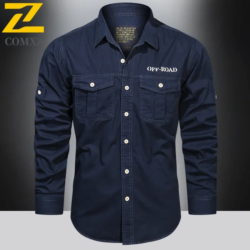 2025 Spring Shirt Men's High-end Pure Cotton Multi-pocket Cargo Shirts Sports Outdoor Camping Comfortable Long-sleeved T-shirt