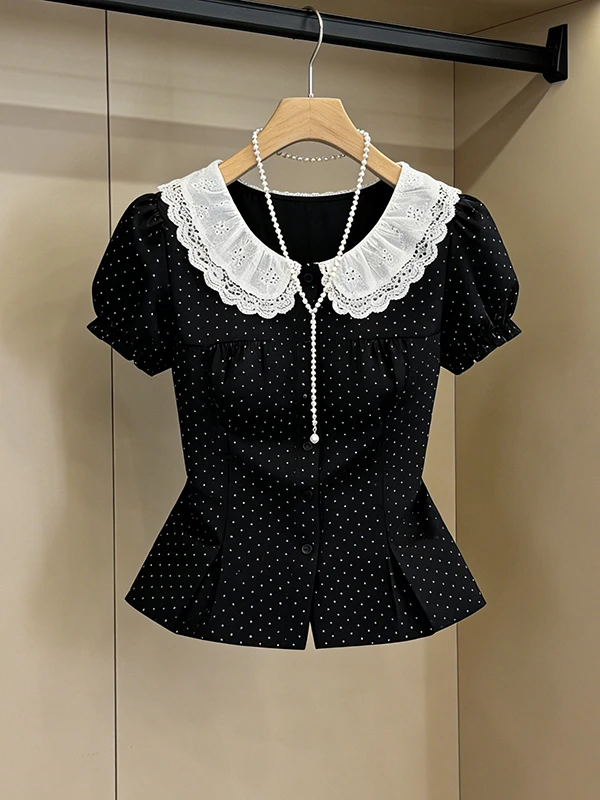 

Black Polka Dot Short Sleeve Shirt Women's Summer New Design Waist Cinched Unique Fashionable Top French Style Breathable Ski...