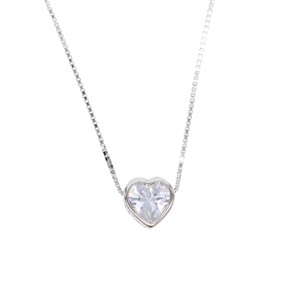 925 Sterling Silver Single Stone Heart Round Cubic Zirconia Delicate Box Chain Bezel Cz Single Charm Necklace Biżuteria damska — zdjęcie 4