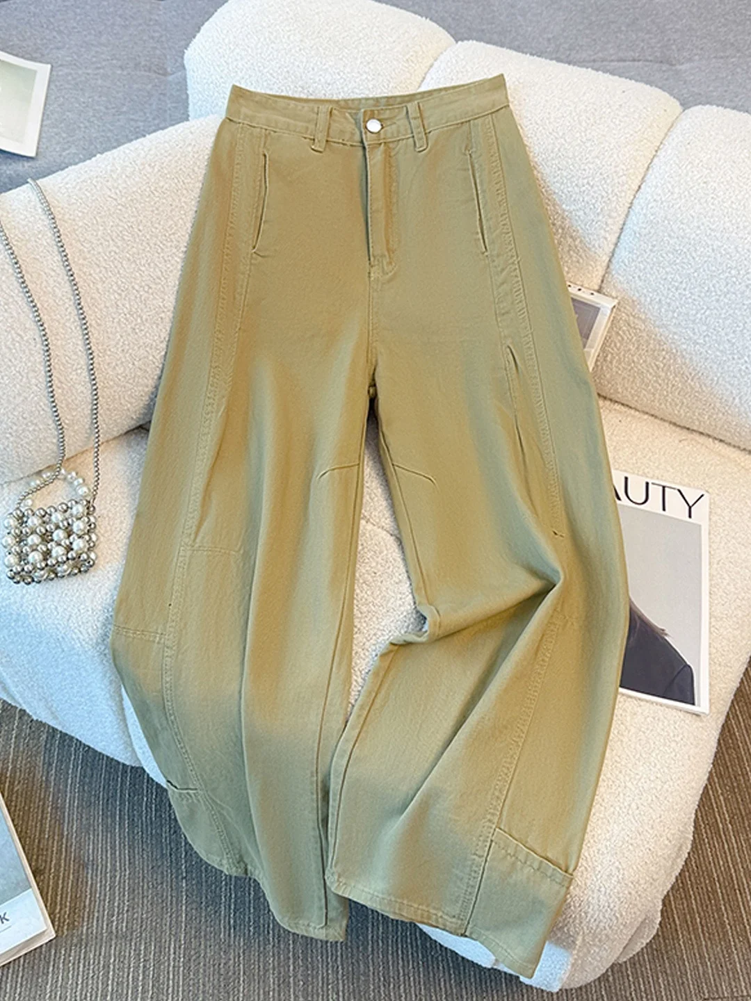 

Khaki Straight Leg Wide Leg Pants Women's Spring Summer New American Retro Knife Denim Casual Long Trousers