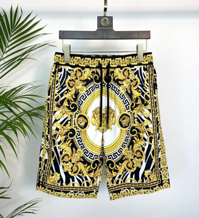 Beach pants men\'s summer ins casual loose shorts cropped pants men\'s plus size trend gold high-end print comfortable and loose