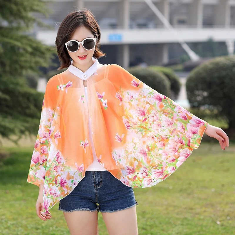 2022 Summer Sunscreen Clothes Women Cycling Cloak Shawl Coat Chiffon Cloak Shawl Thin Style Lady Poncho Capes Rose Red