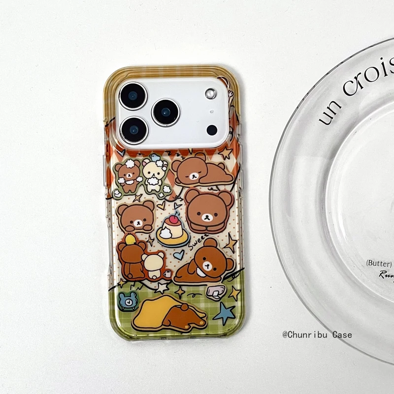 Japanese Korean Ins Cute Cartoon Cherry Pudding Easy Bear Phone Case For iPhone 17 16 15 14 13 12 11 Pro Max 78 Plus Mini Cover - Image 2