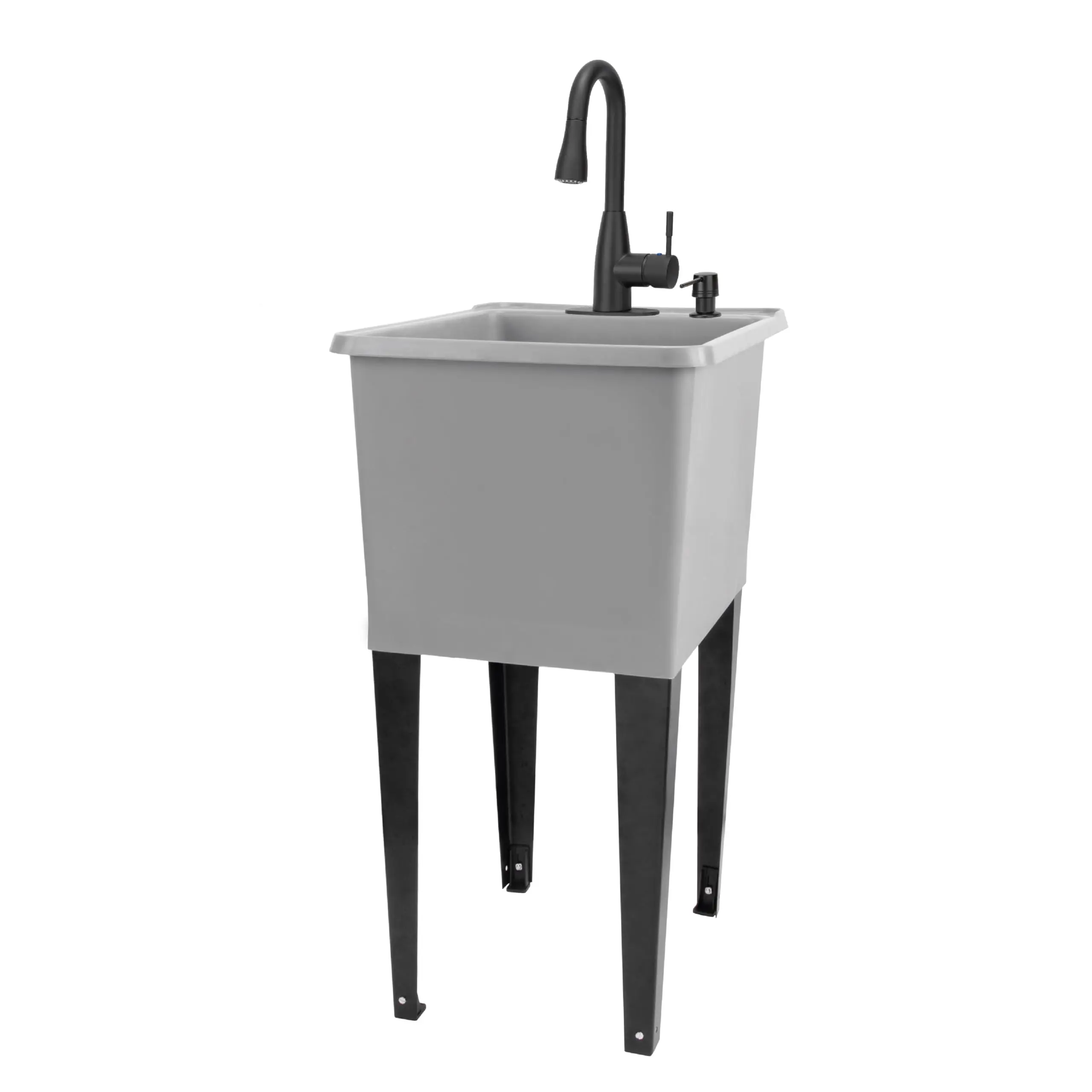 Grey Space Saver Utility Sink by , Freestanding Tehila Space Saving Laundry Tub, Matte Black Pull-Down Faucet, Soap