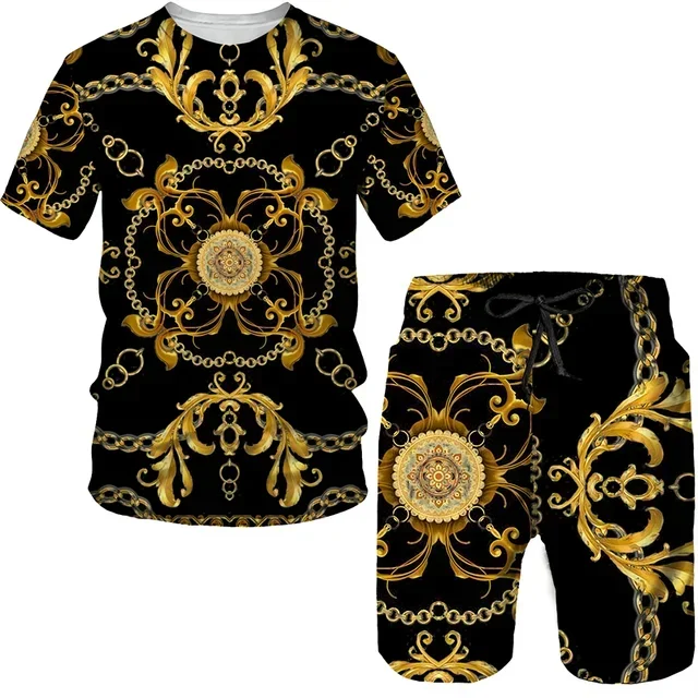 2025 Summer New Luxury Gold Printed 3D Men's and Women's T-shirt Shorts Set Retro Baroque Pattern Two Piece Set