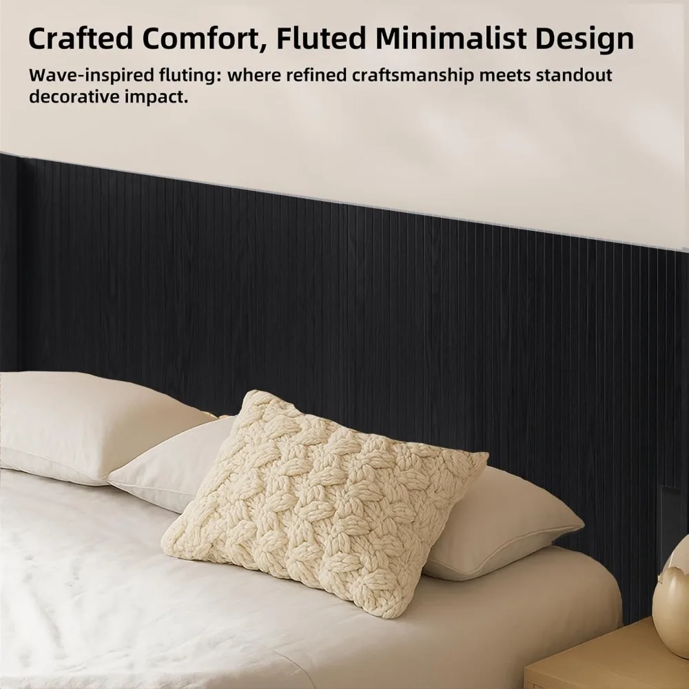 لوح رأسي من King Wood فقط، لوح رأسي مثبت على الحائط مقاس 80.2 بوصة مع لوحة مخددة وتصميم جناح لغرفة النوم، أسود