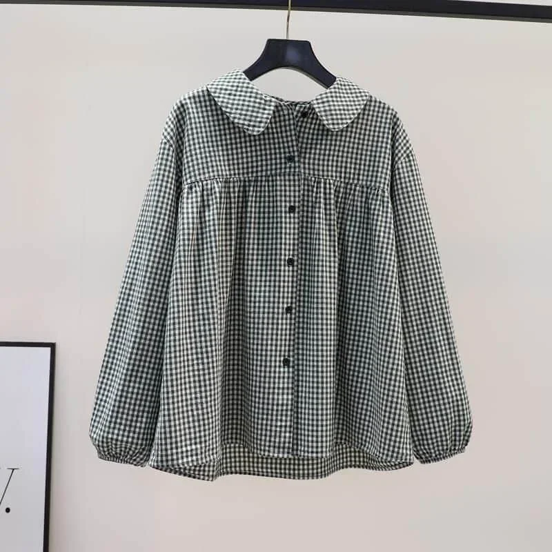 

Клетчатые рубашки для женщин, винтажный кукольный воротник, свободный крой, кардиган с длинными рукавами, повседневная однобортная блузка в корейском стиле, женские топы