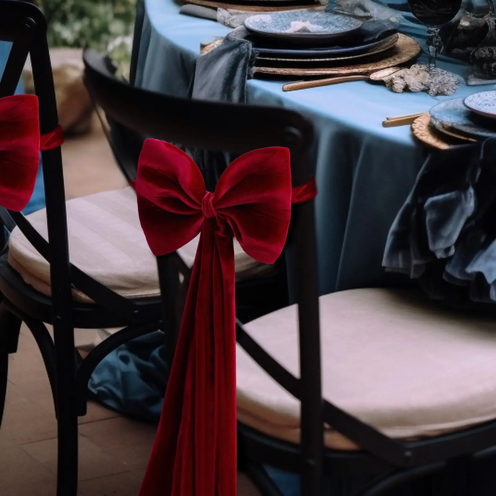 1pcs Wine Red Velvet Bow Chair Back Cover Chair Tie Backs for Christmas Wedding Party Banquet Table Decor Holiday Party Supplies