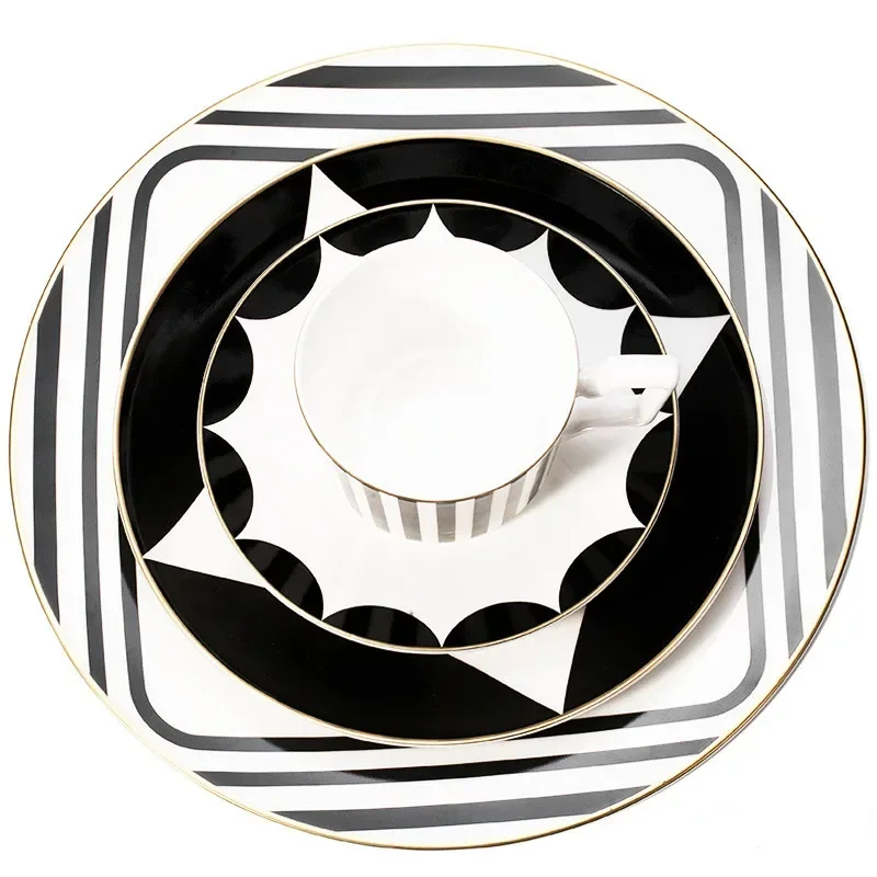 

Black And White Ceramics Plate Fruit Tray Cake Dish Western Steak Dinnerware Coffee Tea Cup Saucer With Gift Box For Restaurant