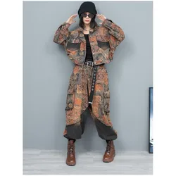 2024 Spring Autumn New Trendy Cool Personality Fashion Pant Set Women Distressed Printed Denim Short Jacket + Pant LX324