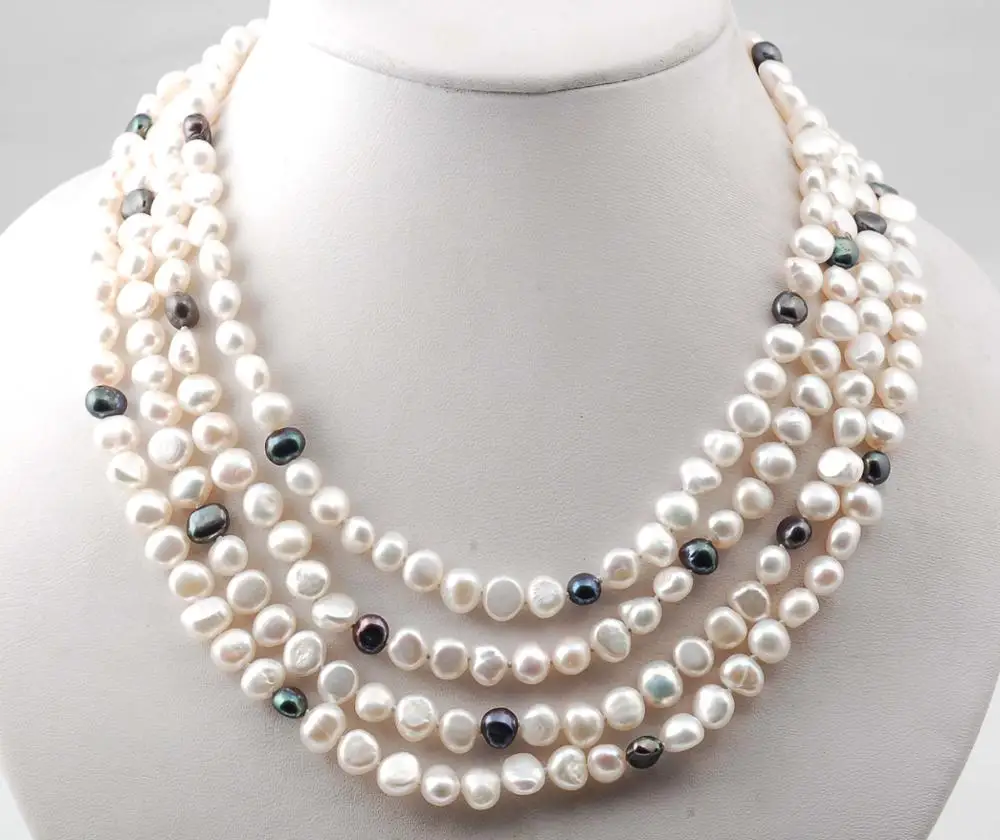 

Hand knotted 8-9mm white black baroque freshwater pearl necklace 160cm for women fashion jewelry