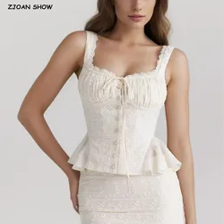 2024 Apricot Spliced Lace Bow Ruched Chest Embroidery Sexy Corset Women Summer Tank Tops Pleated Slim Through Buttons Crop Top