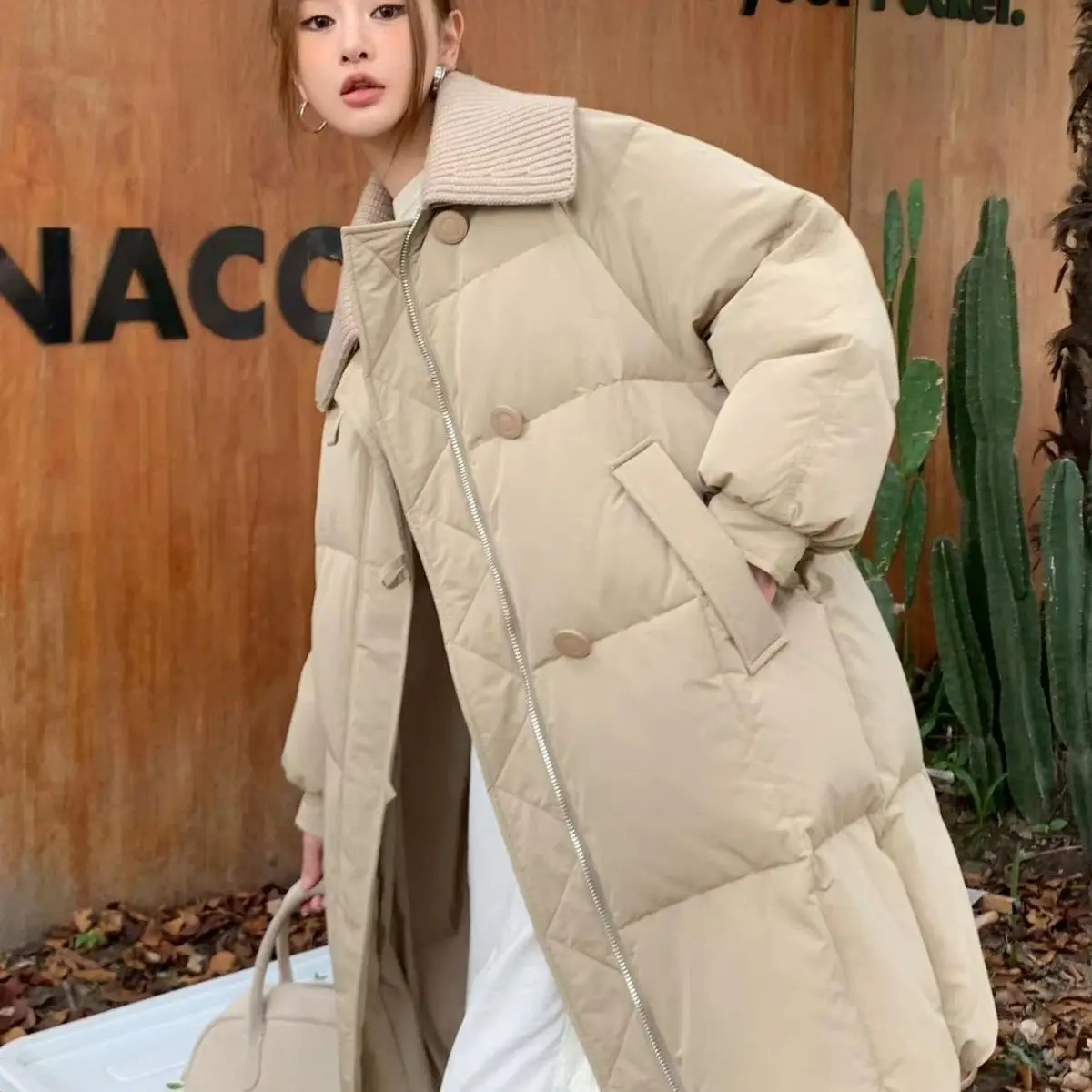 

Korean Style Winter Fashion Women's Spliced Turn-down Collar Long Sleeve Solid Color Casual Trendy Quilted Coats Female Parkas