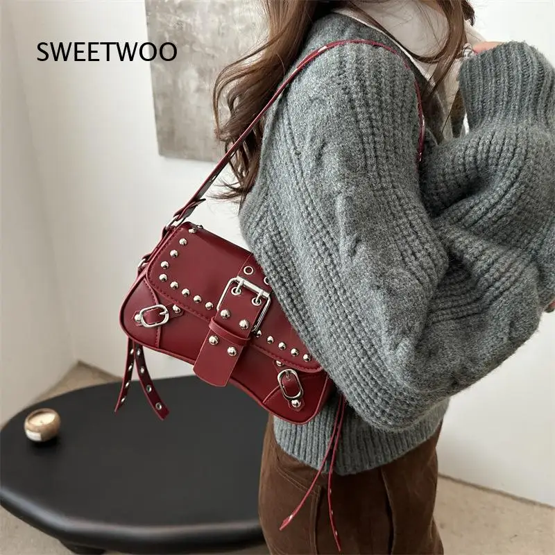 Y2K Punk Rivet Moto Mini Shoulder Bag Multi Strap Buckle Design Hot Girl Style Leopard Solid Crossbody Hobo Bag - view 2