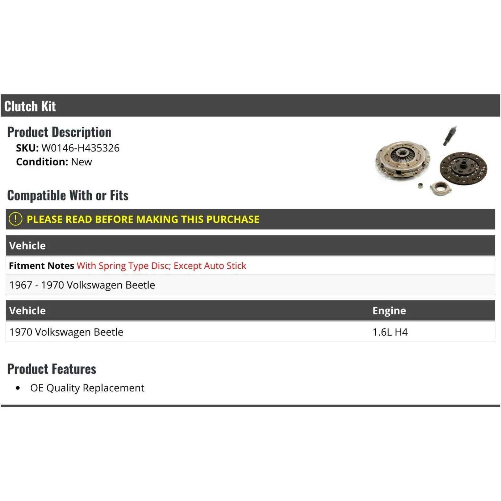 US  Clutch Kit - Compatible with 1967-1970 Volkswagen Beetle 1.6L H4 (With Spring Type Disc; Except Auto Stick)