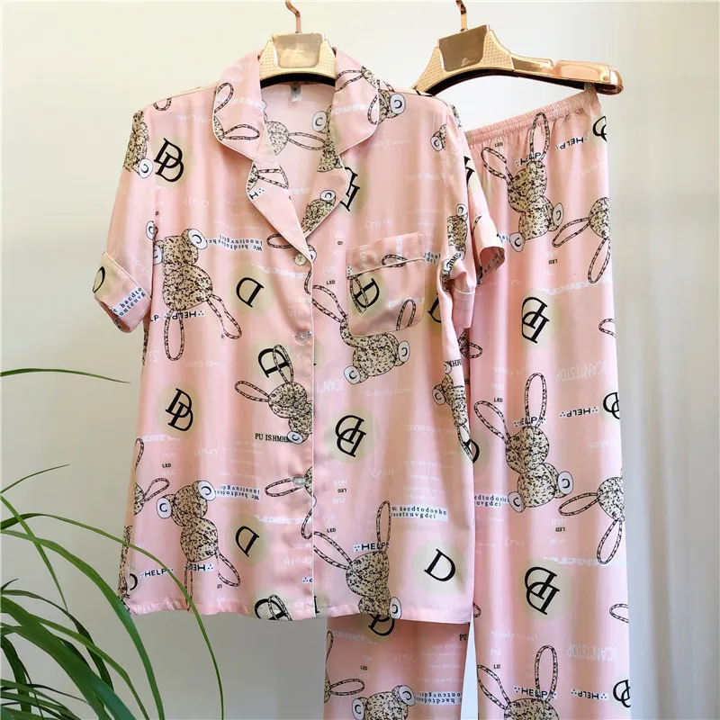 UHYTGF Spring Summer Pajamas Women's Short Sleeve Printed Cotton Silk Thin Home Clothes Sleepwear Female Trousers Nightgown 2502