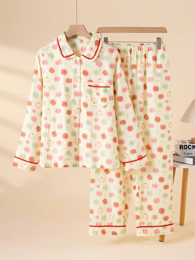 スイートアップル-ピュアコットン-ムスリン-パジャマ-レディース-春夏-カラーブロックカラー-長袖-薄手-ホームウェアセット-アウトドア