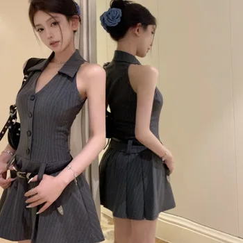빈티지 홀터넥 넥 옷깃 민소매 정장 드레스 여성 여름 프레피 스타일 튤립 스커트 슬림 매끄러운 실루엣 그레이 스커트