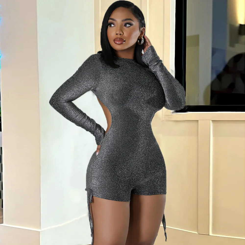 

2025 new high elastic tight sexy hollow zipper silver wire jumpsuit women's club clothing Vestidos