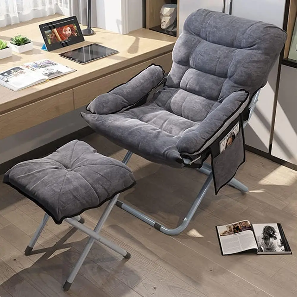 

Lazy Chair with Ottoman & Armrest, Modern Comfy Folding Lounge Chair Reclining Sofa Leisure Chair Armchair with Footstool, Grey