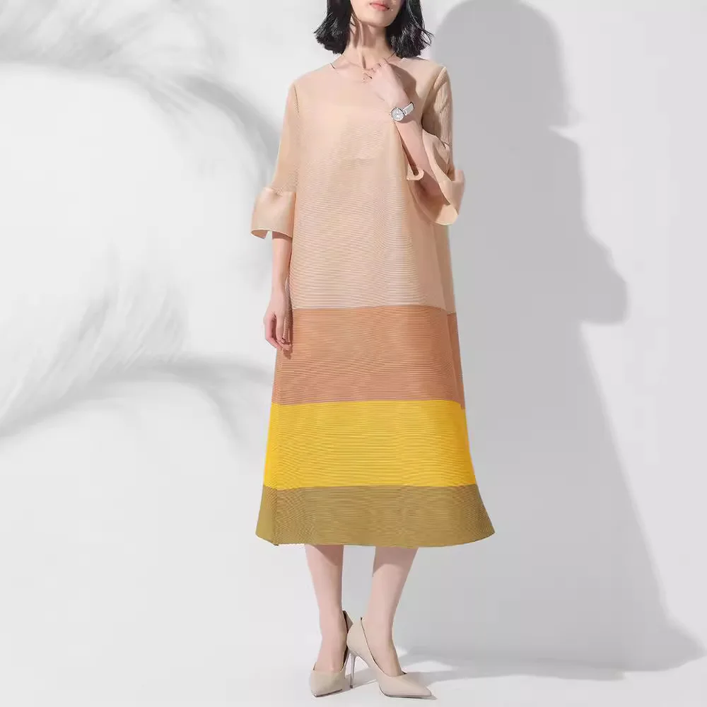 

Miyake Color Blocked Pleated Dress Women Round Neck Flare Sleeves Loose Mid Length Female Elegant Clothing 2025 Summer