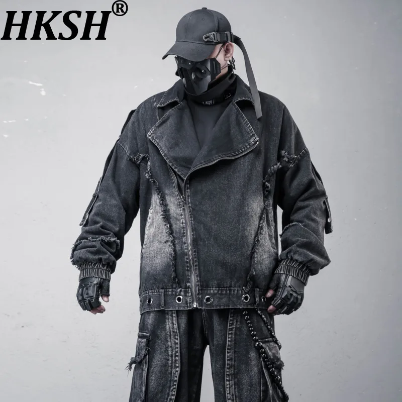 

HKSH Winter New Man Niche Dark Style Waste Land Washed Vintage Distressed Diagonal Zipper Frayed Edge Warm Denim Jackets HK13380