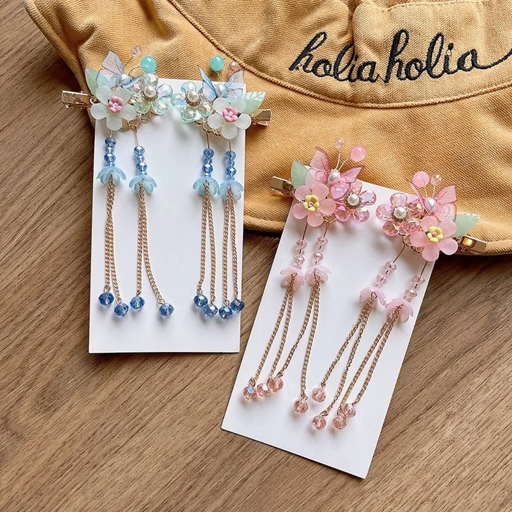 Butterfly Flower Hanfu Ornament Side Clip Tassel Headdress Barrettes Kids Girl Hairpin Chinese Style Hair Clip Hair Accessory