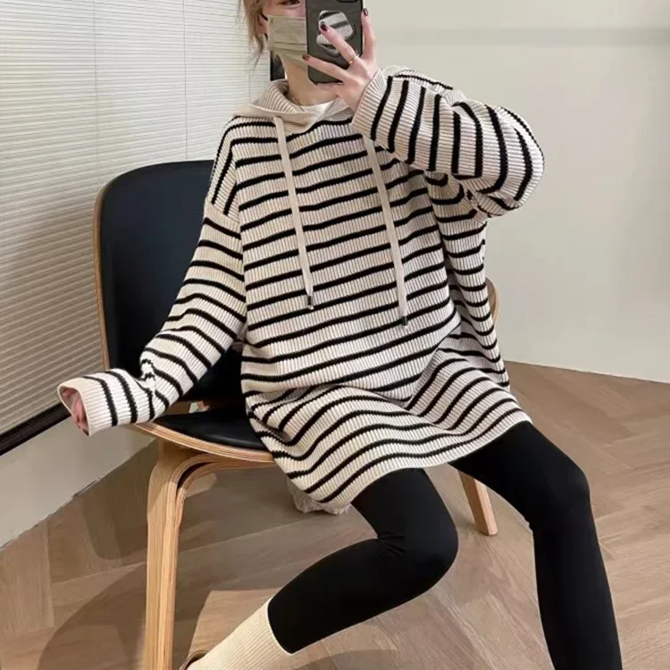 

2024 Lazy Style Striped Knitted Hoodie for Women