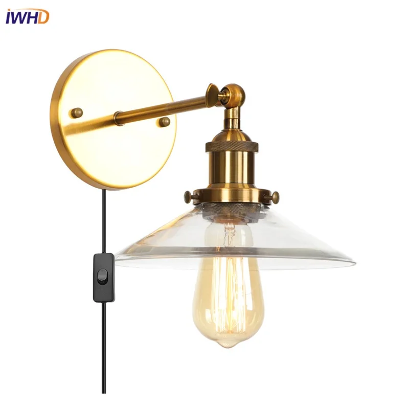 

IWHD Rural Vintage industrial LED Wall Lamps Porch Balcony kitchen Plug ln lron Clear Glass Gold Bedside Lamp Lamparas De pared