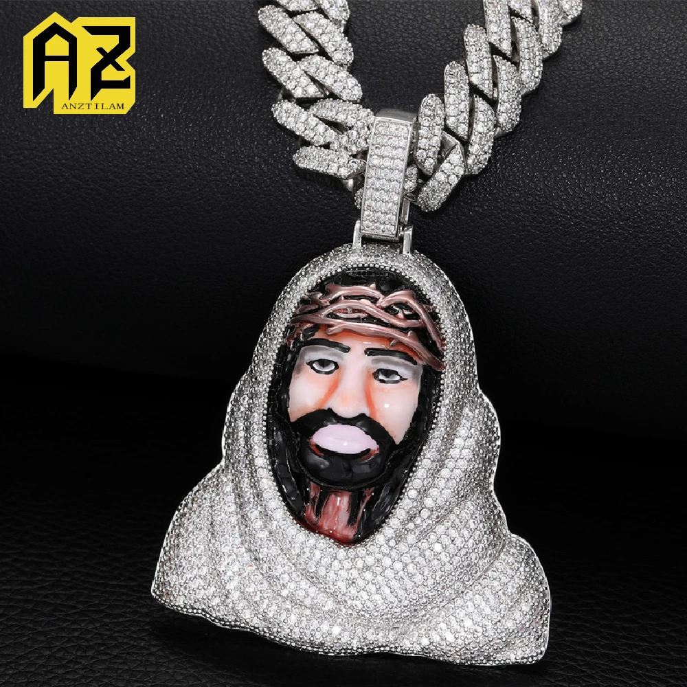 

Anztilam Enamel Jesus Iced Out Pendant Necklace with Long Link Rope Chain Necklaces for Women Men Brass Zircon Hip Hop Jewelry
