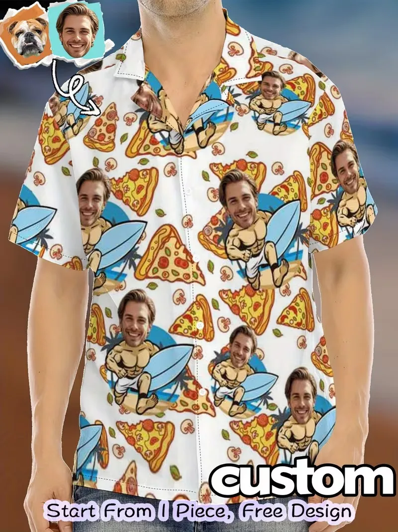 

Novelty Custom Face Pizza Hawaiian Shirt For Men Personalized Photo Pizza Print Short Sleeve Button Up Beach Shirt Party Gift
