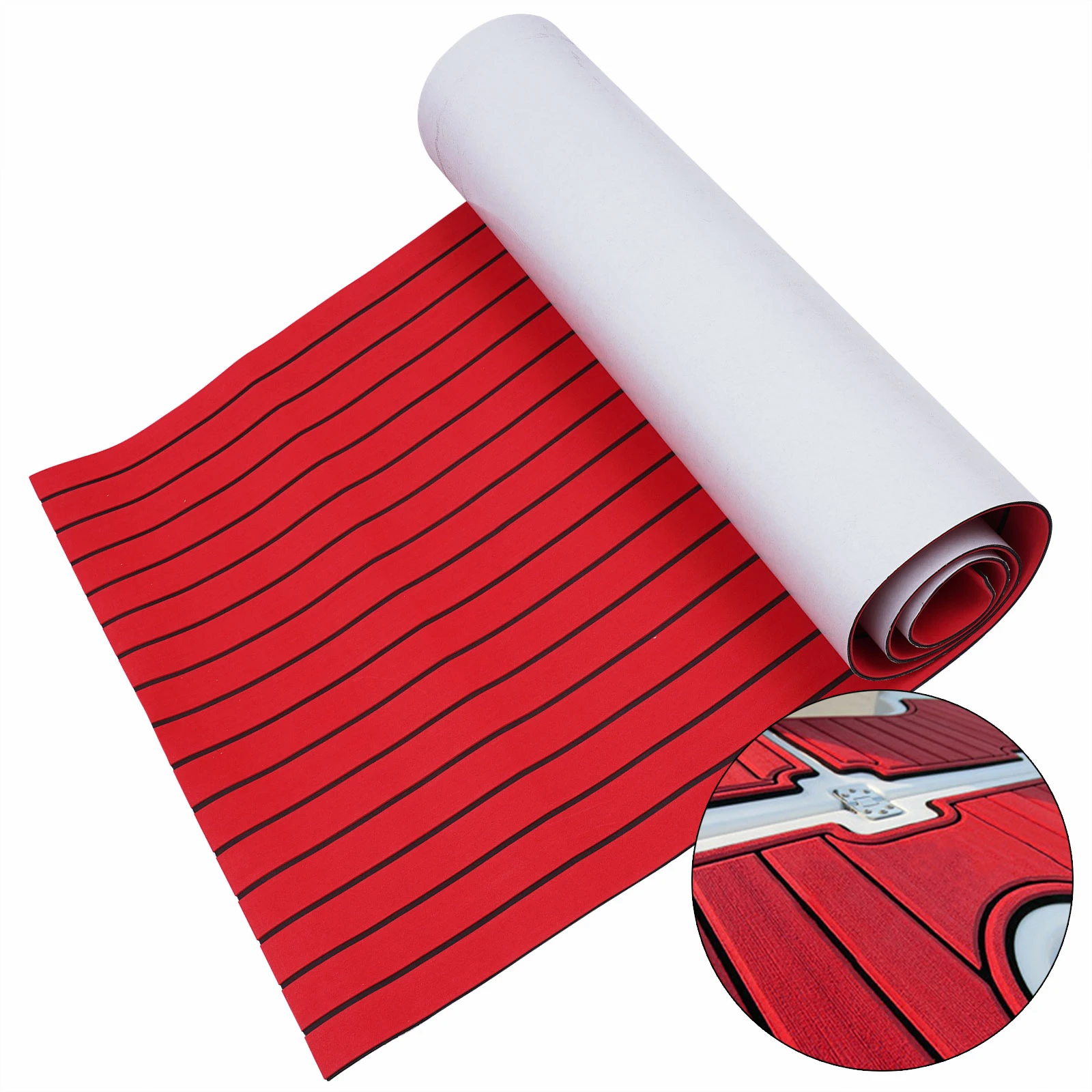 Red with Black Lines EVA Foam Teak Sheet Marine Flooring 35.4inchX94.5inch Yacht Synthetic Boat Decking Self-Adhesive Pad