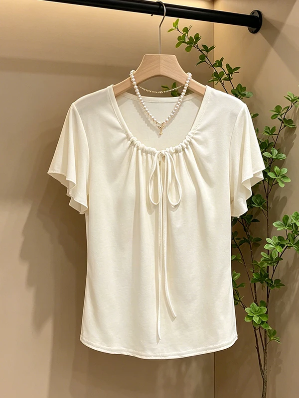 

plus Size Summer Women's T-Shirt Design Sense Knot Pleated Collar Shoulder Flower Sleeve Short Sleeve Top Korean Style Commute