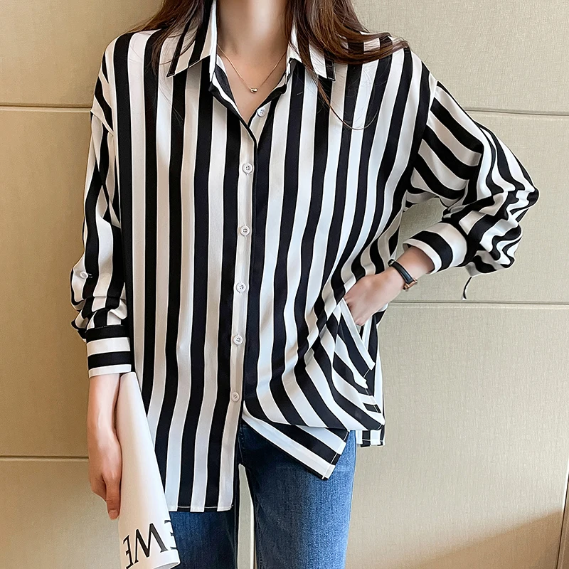 Striped Shirt for Women Flowy Button Down Lapel Collared Long Sleeve Blouse Black and White Vertical Striped Tops Classic Outfit