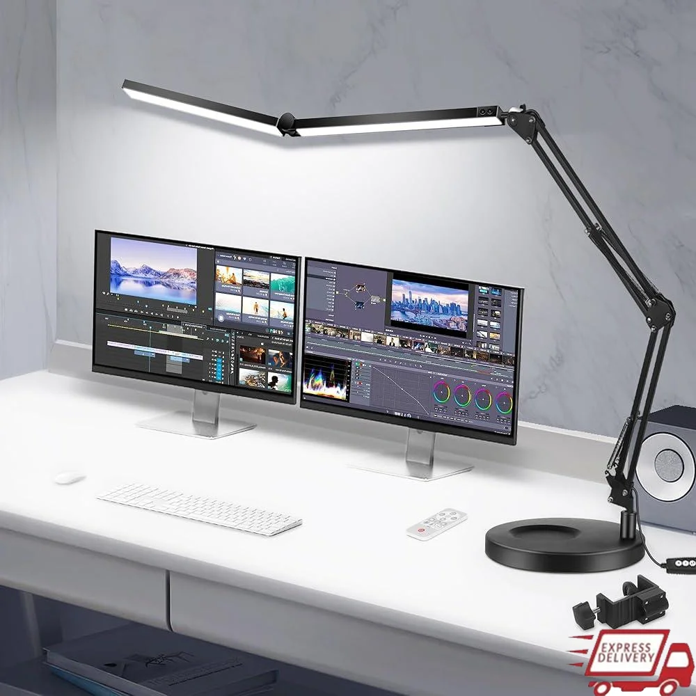 

2 in 1 LED Desk Lamp Clip on Remote Control Dimmable Double Head Architect Light Home Office Workbench Eye Protection
