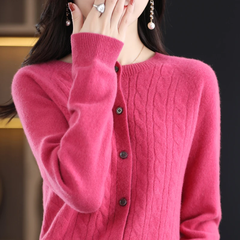 100% Cashmere Sweater Women's Autumn and Winter New Round Neck Cardigan Women's Hollow Out Cashmere Sweater Women's Loose Fit