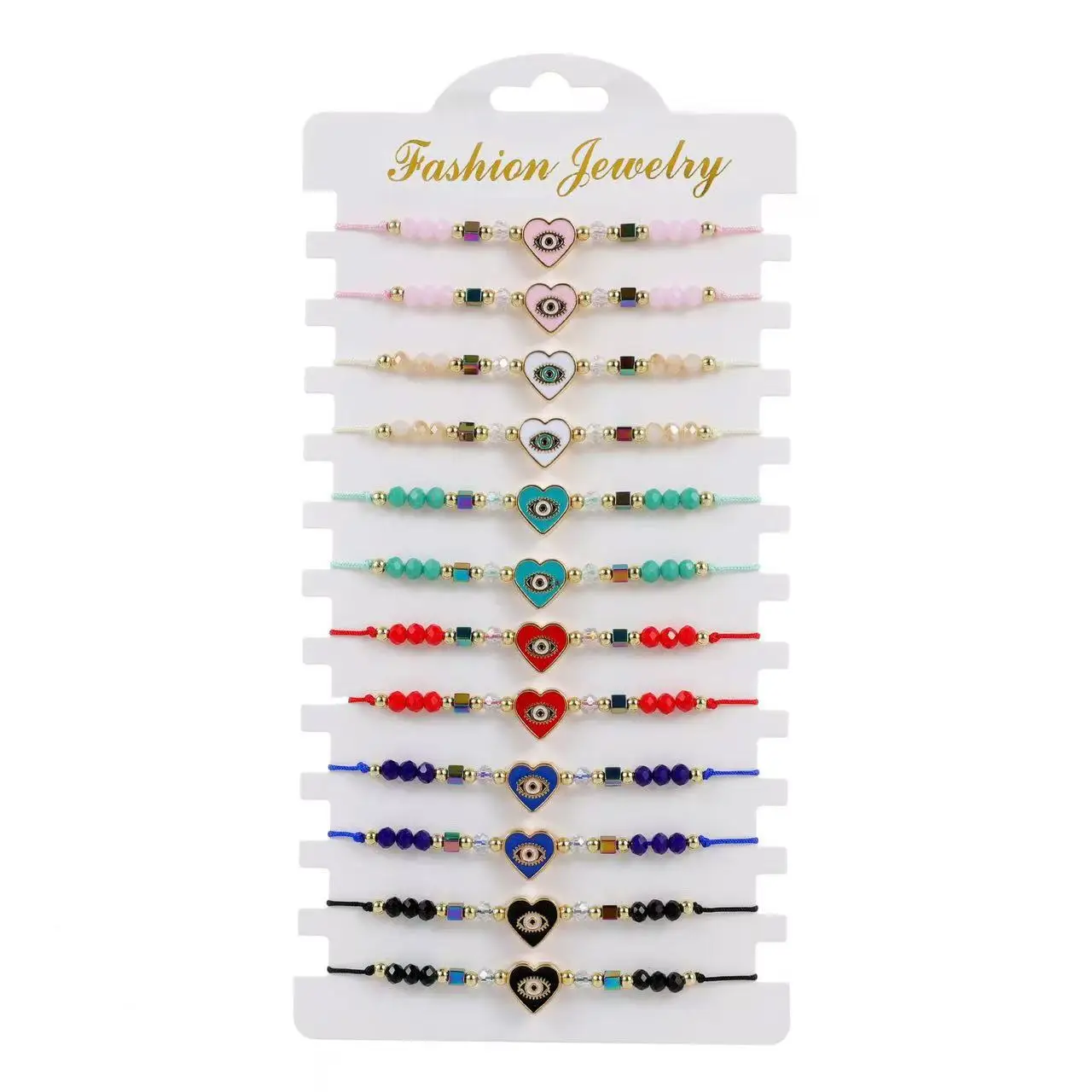 Un juego de 12 piezas de pulsera ajustable de moda europea y americana tejida con cristales de mal de ojo y corazón que gotea aceite