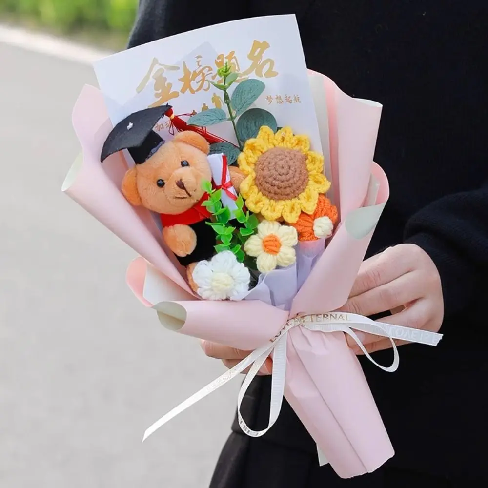 

Woven Graduation Bear Sunflower Bouquet Cartoon Lovely Doctoral Bear Bouquet Plush Elegant Graduation Gift Graduation Season