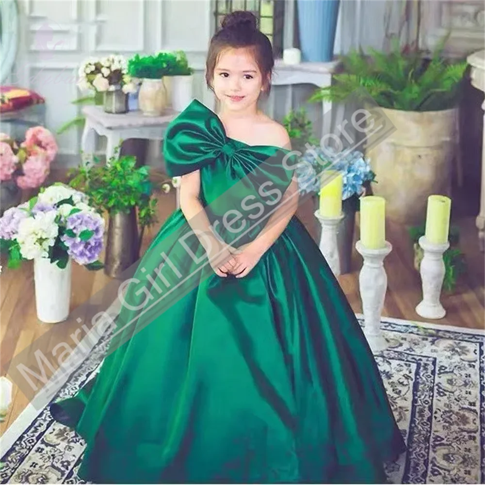 

Green Flower Girl Dress Straight Collar Satin Bow Girls Princess Banquet Wedding Party Birthday Vintage Dresses