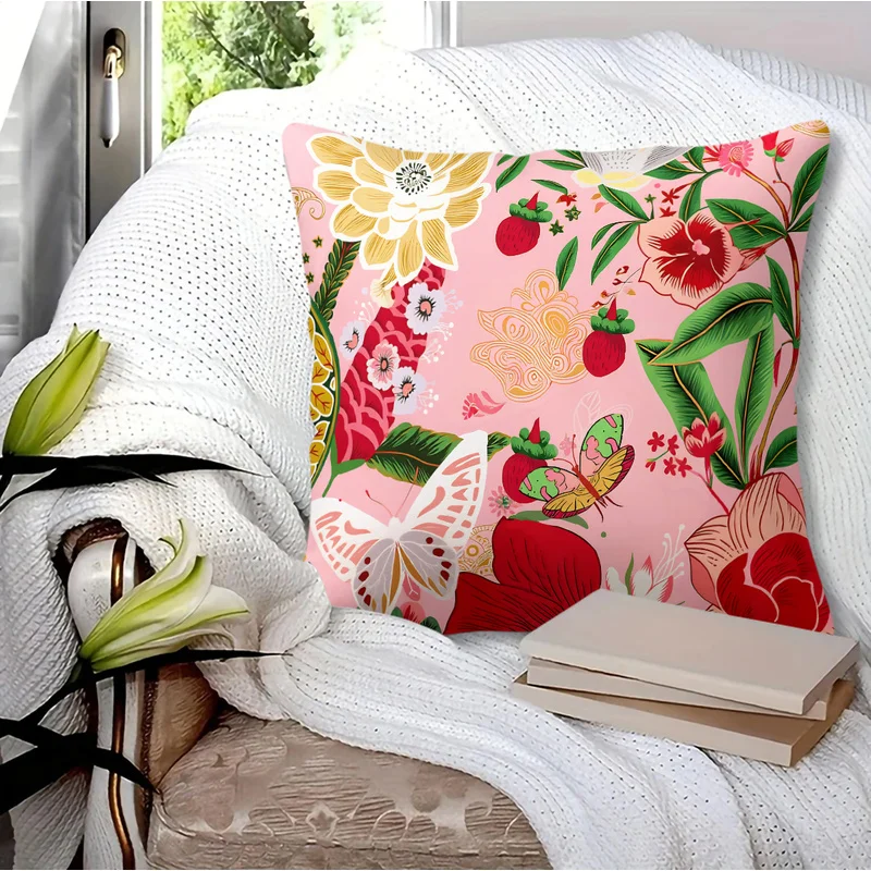 45x45cm-1Pc Polyester Blend Square Throw Pillow(With Pillow Insert),Cozy,Skin-Friendly,Romantic Blooming Flower Leaf Print