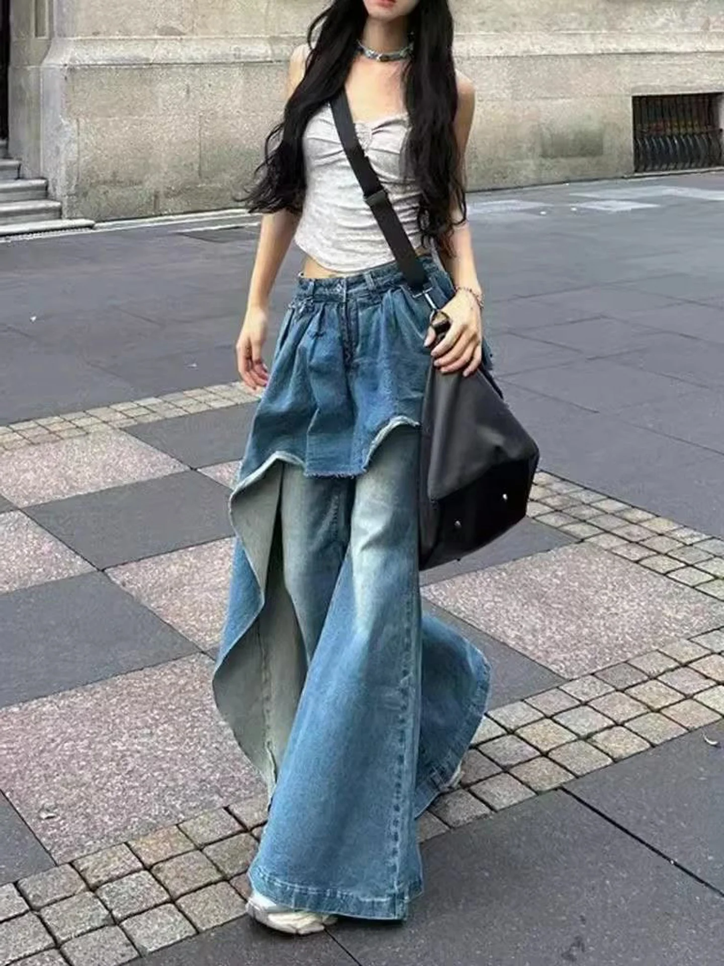 American Style High Waist Bell Bottom Pants Women's Autumn New Style Spicy Girl Design Asymmetrical Patchwork Denim Jeans